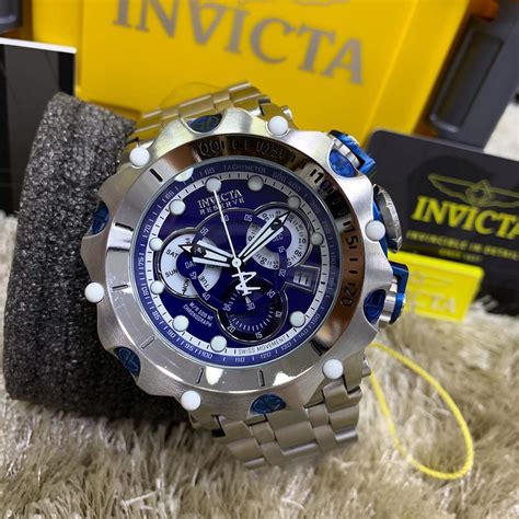 Rel Gio Invicta Hybrid Venom Reserve Prata Masculino Fundo Azul