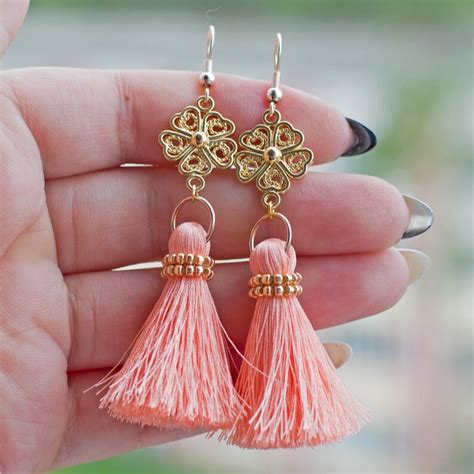 Pink Tassel Earrings Flower Earrings Summer Earrings Long Etsy