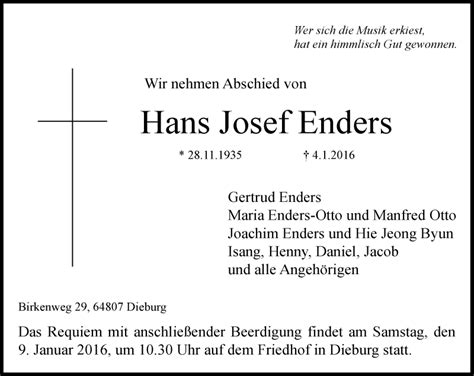 Traueranzeigen Von Hans Josef Enders Vrm Trauer De