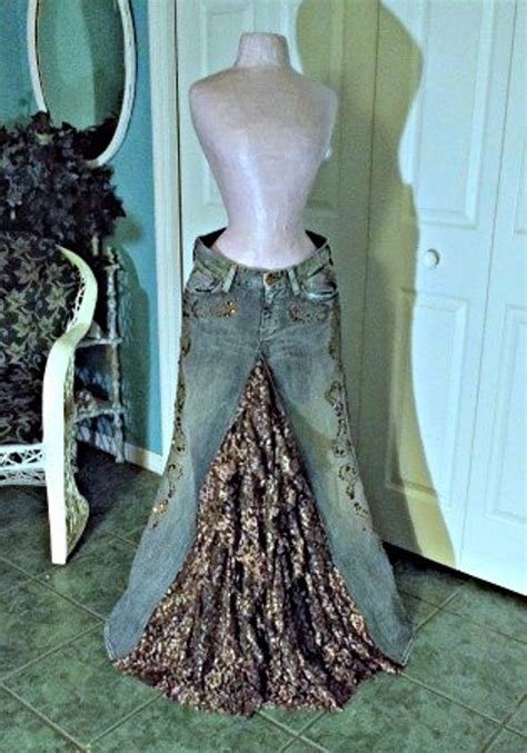 Copper Lace Jean Skirt Bronze Metallic Ruffle Cascade Rhinestones