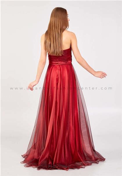 Şeref Vural Strapless Maxi Tulle Column Regular Red Prom Dress Srf8031kır