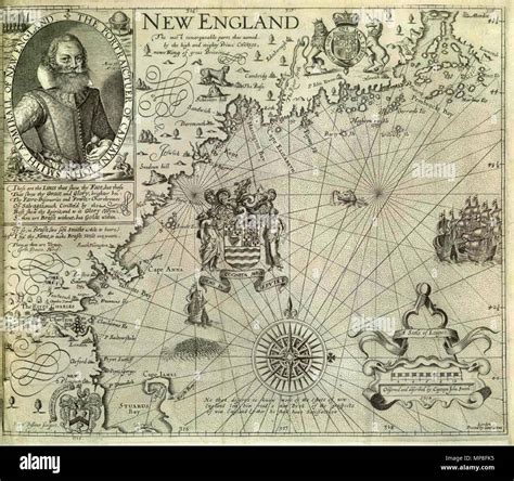 . Map of New England . 1616. John Smith of Jamestown 735 John Smith 1616 New England map Stock ...