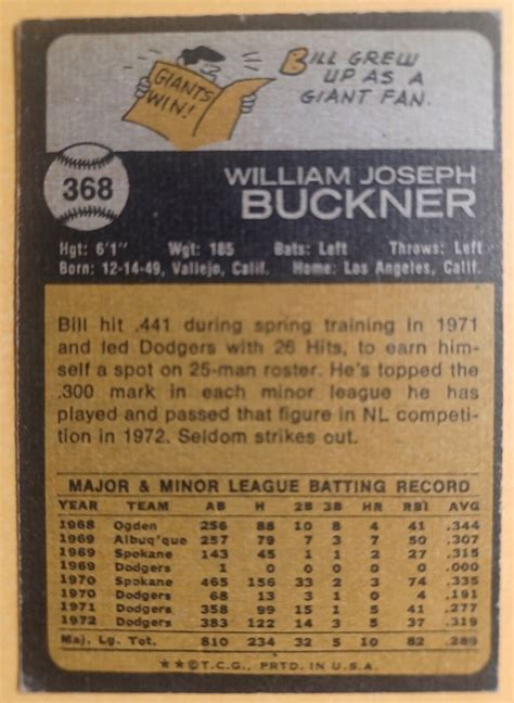 1973 TOPPS 368 LOS ANGELES DODGERS BILL BUCKNER 5 MID GRADE 04556 EBay