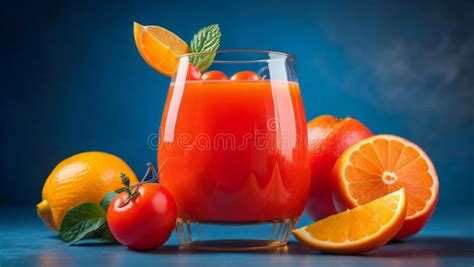 Vaso De Zumo De Naranja Natural Con Frutas Y Verduras De Fondo Azul Ai