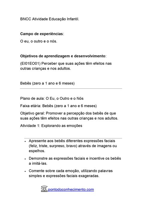 EI01EO01 Plano de acordo a BNCC Perceber que suas ações têm