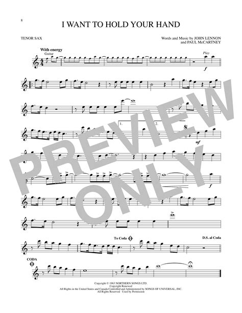 I Want To Hold Your Hand Sheet Music The Beatles Tenor Sax Playalong