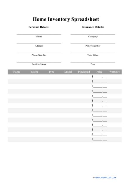 Home Inventory Spreadsheet Template Download Printable PDF | Templateroller