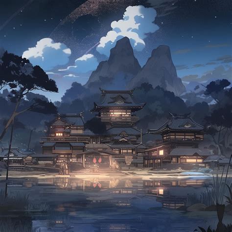 Premium Photo | Anime scenery of a japanese village at night with a ...