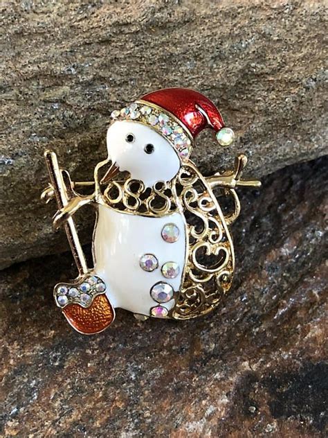 Rhinestone Snowman Brooch Snowman Pin Christmas Brooch Holiday Brooch