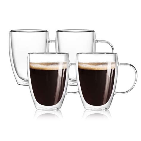 4 Pack 12 Oz Double Walled Glass Coffee Mugs With Handle Insulated