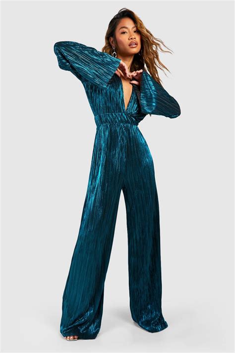 Glitter Plisse Flare Sleeve Wide Leg Jumpsuit Boohoo Usa