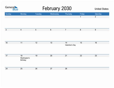 February 2030 Monthly Calendar with United States Holidays