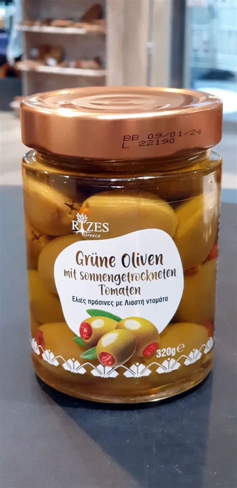 Grüne Oliven mit sonnengetrockneten Tomaten RIZES Hellenics Original