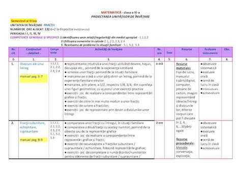 PDF MATEMATICĂ clasa a IV a PROIECTAREA UNITĂŢILOR DE MATEMATICĂ