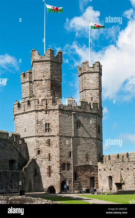 Wales County Gwynedd Caernarfon Castle Welsh Flags Atop Eagle Tower