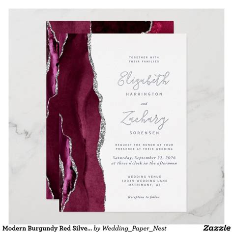 Modern Burgundy Red Silver Agate Wedding Foil Invitation Zazzle