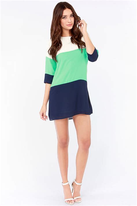 Cute Blue Color Block Dress Shift Dress