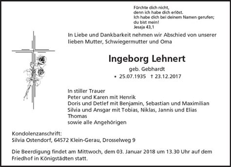 Traueranzeigen Von Ingeborg Lehnert Vrm Trauer De