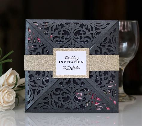 Black Lace Wedding Invitations with Glitter Belt and Tag Birthday ...