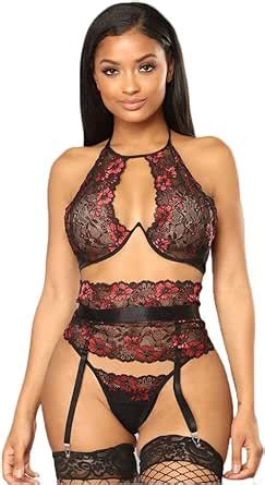 Lingerie Sets Women 3 Piece Halter Open Front Crop Top Floral Lace