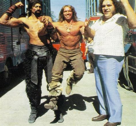 Wilt Chamberlain, Arnold Schwarzenegger, and Andre the Giant pose for a ...