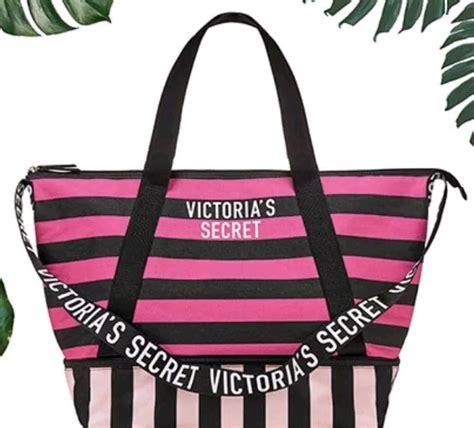 Victoria S Secret Logo Striped Weekender Tote Bag Black Pink Large