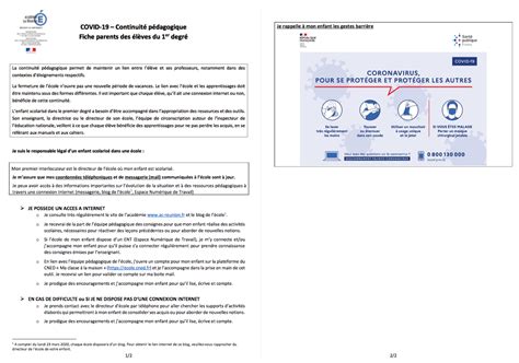 FICHE INFOS PARENTS COVID 19 Blogue de continuité pédagogique