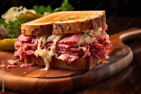 Classic Reuben sandwich, with layers of corned beef, sauerkraut, Swiss ...