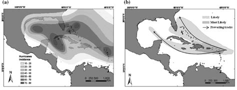 Spatial distribution of hurricane frequency in the Caribbean region. a... | Download Scientific ...