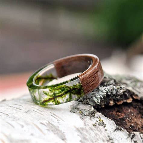 Handmade Wooden Resin Plant Ring Nature Flower Grass Ring Wood Ring