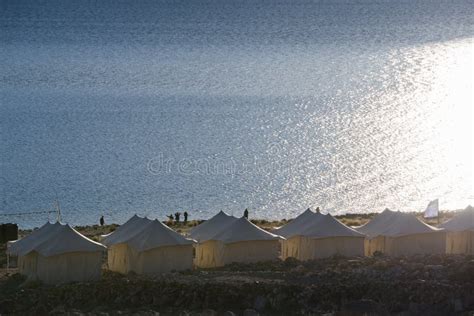 Tented Tourist Camp at Pangong Lake.Light and Shade from Sunrise Stock ...