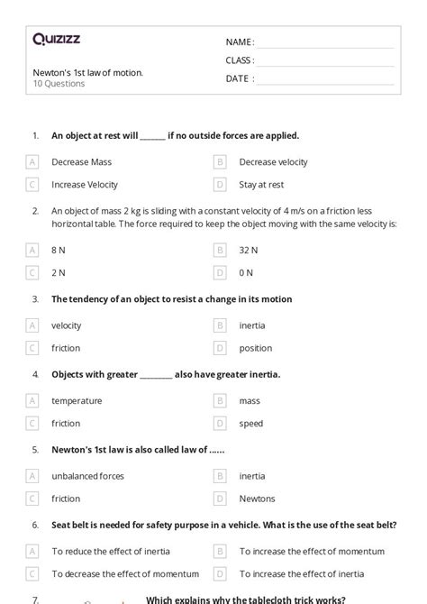 Newtons First Law Mass And Inertia Worksheets For Th Class On