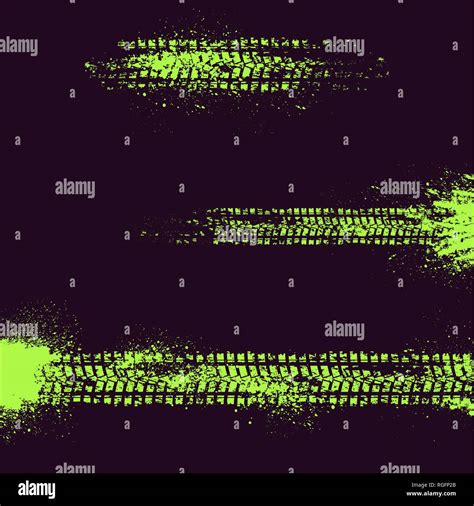 Three Different Tire Tracks With Ink Blots Isolated On Black Background