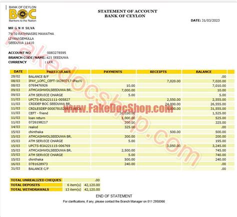 Sri Lanka Bank Of Ceylon Bank Statement Template Fakedocshop