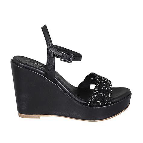 Sandale Pour Femmes En Cuir Noir Avec Courroie Strass Plateforme Et