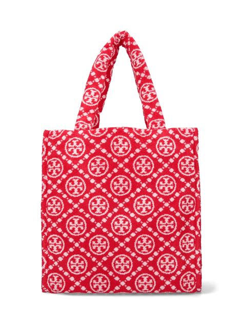 Tory Burch T Monogram Terry Cloth Tote In Red Modesens