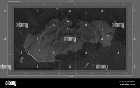 Slovakia highlighted on a Grayscale elevation map with lakes and rivers map with the country's ...