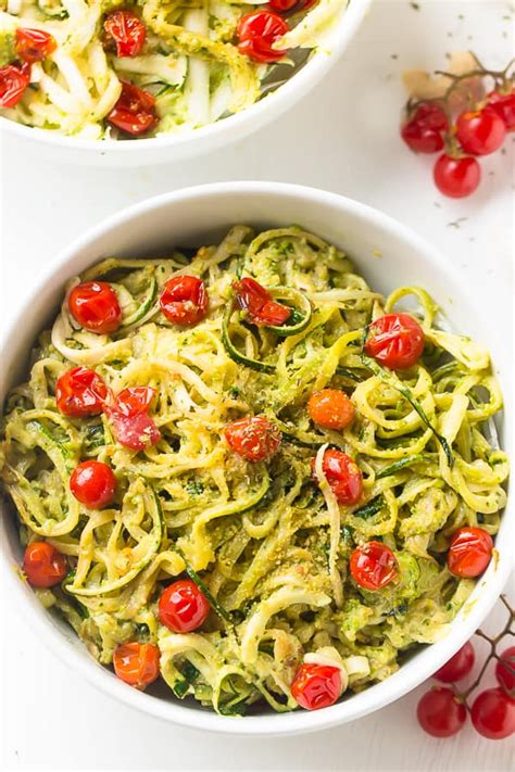 Pesto Zucchini Noodles With Burst Cherry Tomatoes Jessica In The Kitchen