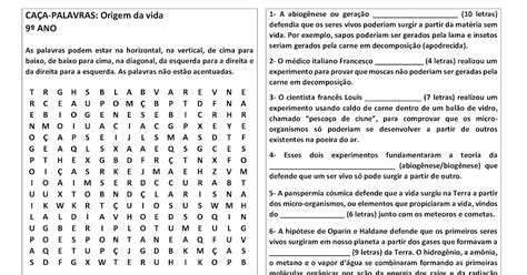 Passatempos em Ciências e Meio Ambiente Caça palavras Origem da vida