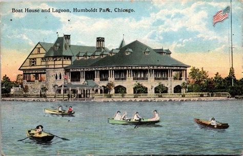 1915 Humboldt Park Boat House And Lagoonchicagoamerican Flagsrowboats