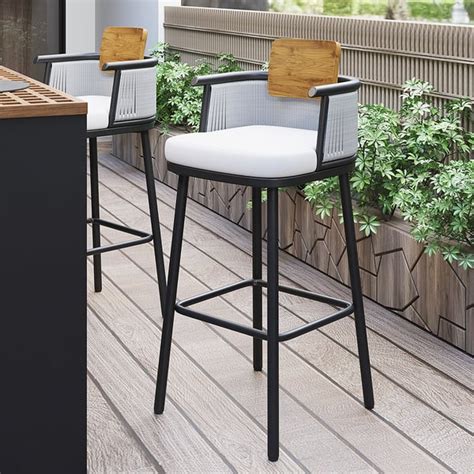 2 Pieces Outdoor Patio Teak & Aluminum 41" Bar Stools Set with Backs | Homary