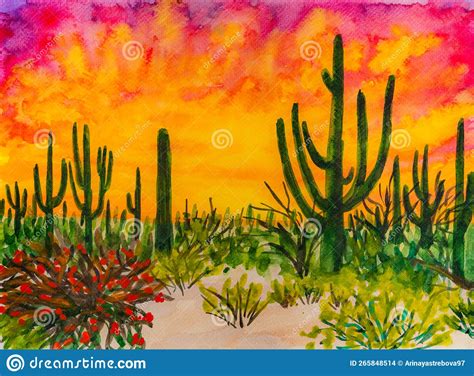 Saguaro National Park In Arizona Sunset In Sonoran Desert Watercolor