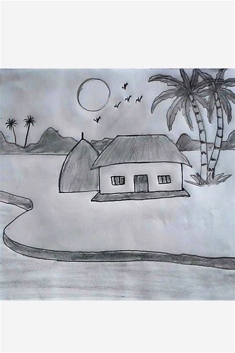 Village Scenery Drawing With Pencil Sketch Village Scenery Drawing With ...