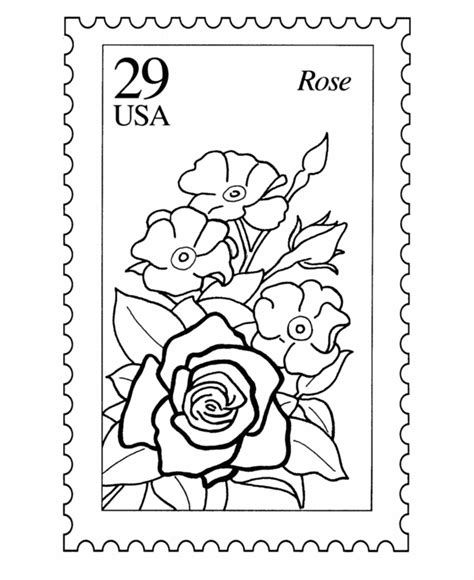 Nature Postage Stamp Coloring Pages - Flowers - Rose Stamp