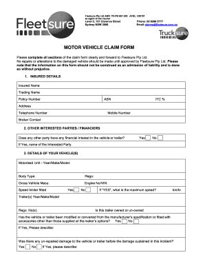 Fillable Online Motor Vehicle Claim Form Fleetsure Fax Email Print