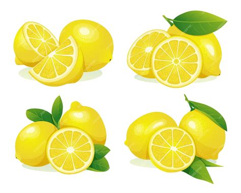 Premium Vector Set Of Fresh Lemon Whole And Half Cut With Leaves