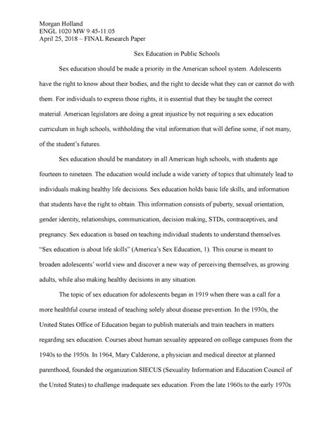 Sex Education Research Paper Morgan Holland Engl 1020 Mw 945 11 April 25 2018 Final