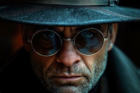 Premium Photo Face Of Man Secret Agent Spy With Glasses And Hat On