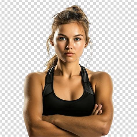 Una Atleta Femenina Con Los Brazos Cruzados Y Una Camiseta Negra Con Un