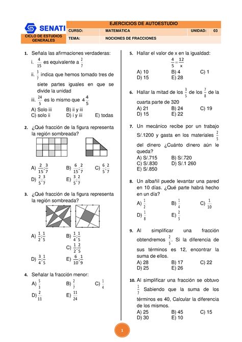 U Nociones De Fracciones Ejercicios De Autoestudio Ciclo De